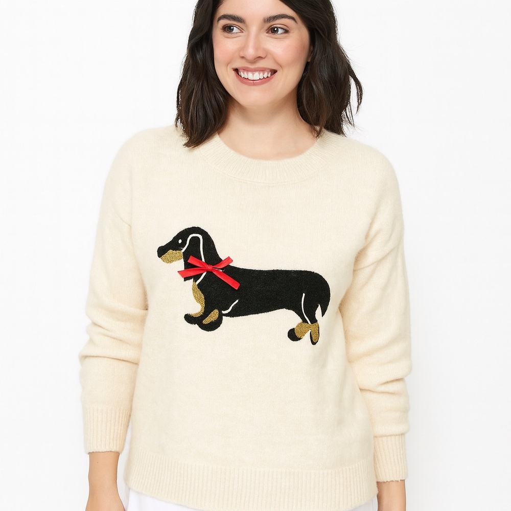 1226. Cute Cream Sweater with Black Dog  Embroidered